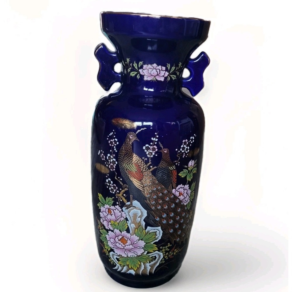 Vintage Japanese 12 " Kutani Style Vase Set Cobalt Blue Gold Pheasant Floral